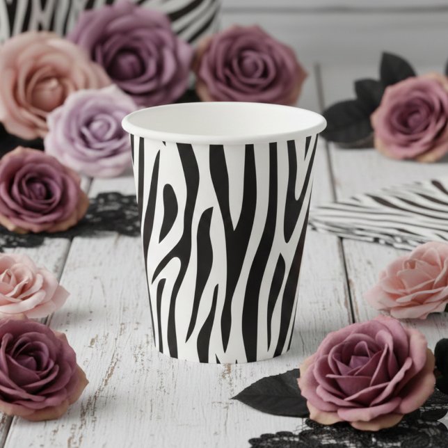 Vasos De Papel Fiesta de estampado de cebra en negro y blanco (Simple Girly Zebra Print Paper Cups for Wild One Baby Shower, Safari Zoo Wild Animals Birthday Party)