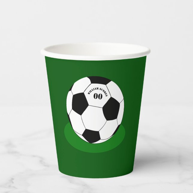 Vasos De Papel Fiesta de fútbol, pelota de fútbol con nombre y nú (Anverso)