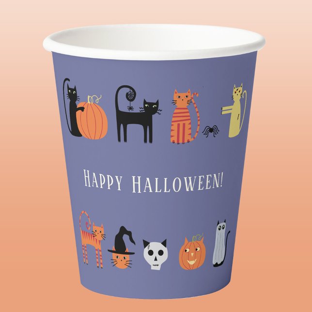 Vasos De Papel Fiesta de gatos de Halloween (Halloween cats purple paper party cup)