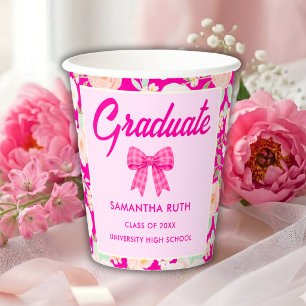 Vasos De Papel Fiesta de Graduación con Lazo de Gingham Rosa Fuer