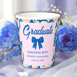 Vasos De Papel Fiesta de Graduación con Moño de Gingham Azul de F