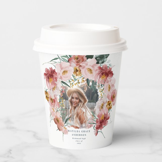 Vasos De Papel Fiesta de graduación de foto de una chica rosa con (Anverso)