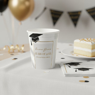 Vasos De Papel Fiesta de Graduación Elegante en Dorado y Gris