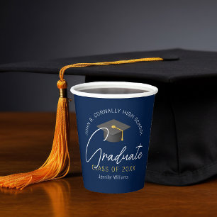 Vasos De Papel Fiesta de Graduación Personalizada Azul Marino Mod