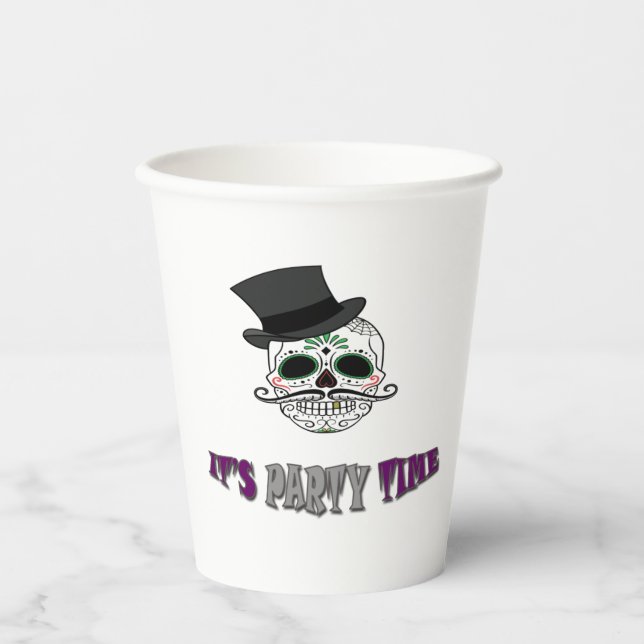 Vasos De Papel Fiesta de Halloween Calavera Divertida con Bigote  (Anverso)
