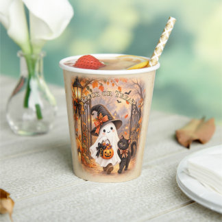 Vasos De Papel Fiesta de Halloween de Fantasma Caprichoso y Gato