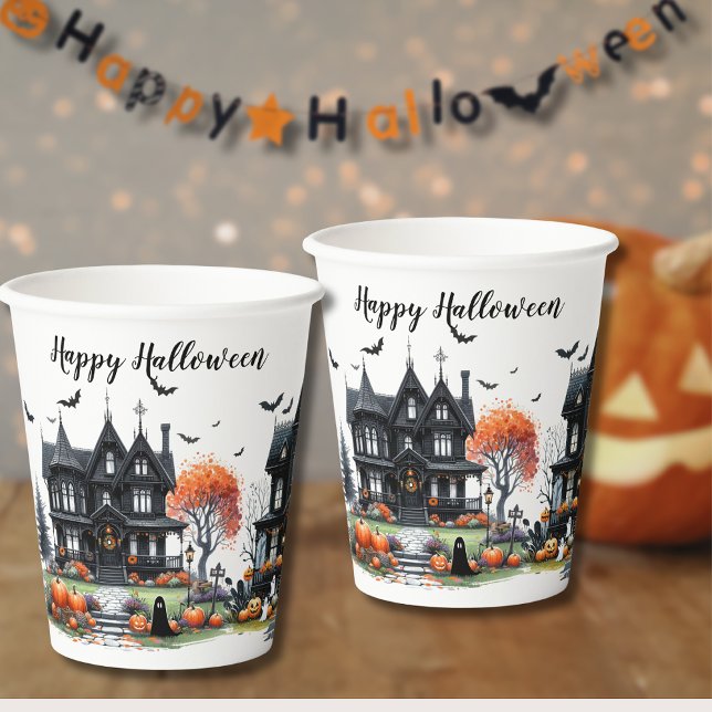 Vasos De Papel Fiesta de Halloween en Casa Embrujada (Haunted House Halloween Party Paper Cups)