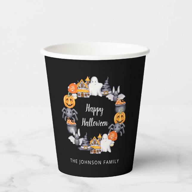 Vasos De Papel Fiesta de Ilustracion Cute Black Happy Halloween (Anverso)