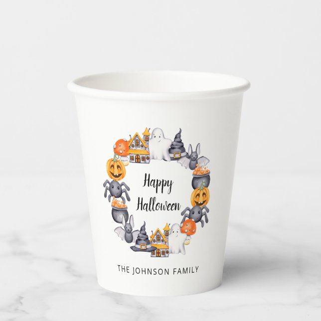 Vasos De Papel Fiesta de Ilustracion Cute Happy Halloween (Anverso)