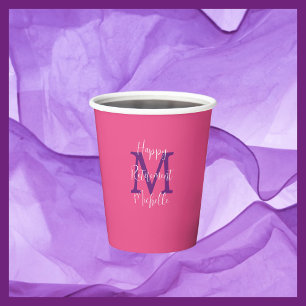Vasos De Papel Fiesta de Jubilación Monogramada Rosa Púrpura y Bl