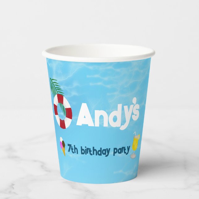 Vasos De Papel Fiesta de la piscina de cumpleaños (Anverso)