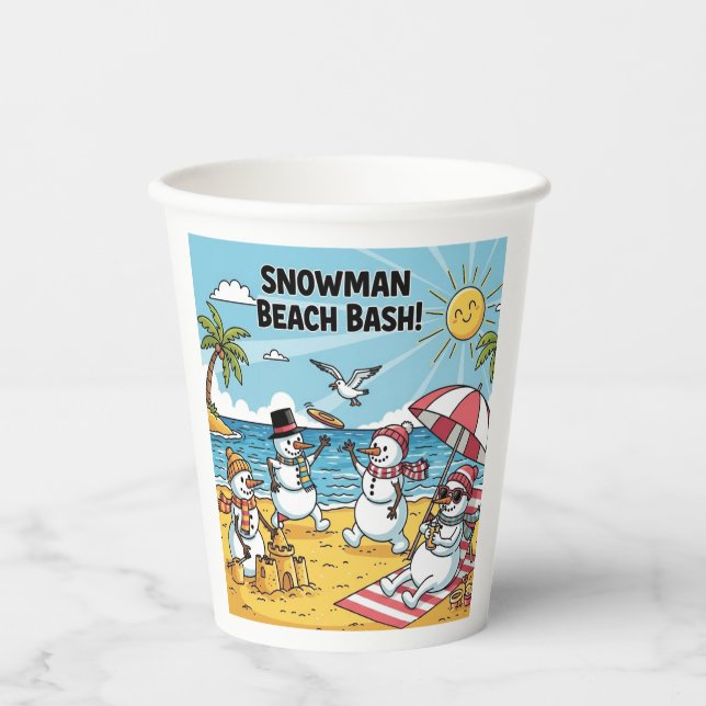 Vasos De Papel Fiesta de muñecos de nieve en la playa (Anverso)