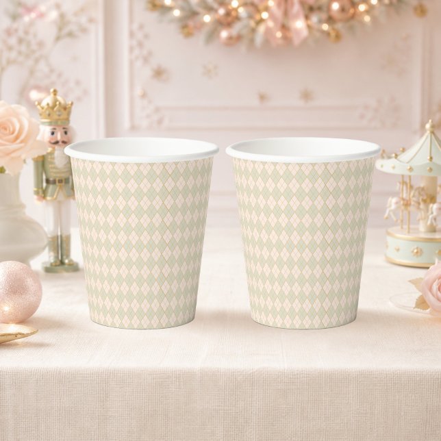 Vasos De Papel Fiesta de Navidad y invierno con argyle elegante e (Preppy Argyle Mint Peach Christmas Winter Party Paper Cups)
