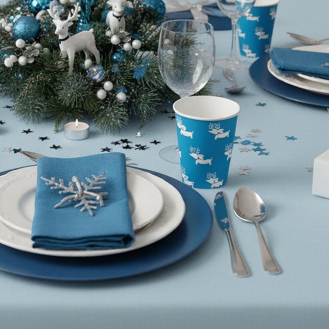Vasos De Papel Fiesta de Navidades temáticos de Blue Dachshund (Dachshund Christmas Themed Party Supplies - Blue & White)