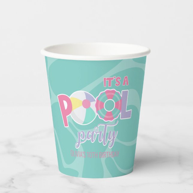 Vasos De Papel Fiesta de Piscina Cumpleaños de niña rosa y morado (Anverso)
