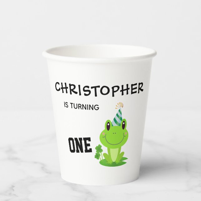 Vasos De Papel Fiesta de rana Primer cumpleaños Swamp Green Frogg (Anverso)