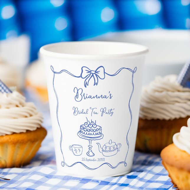 Vasos De Papel Fiesta de té de novia dibujado a mano con mano (Whimsical hand drawn bow bridal shower tea party monogrammed paper cups personalized party decor)