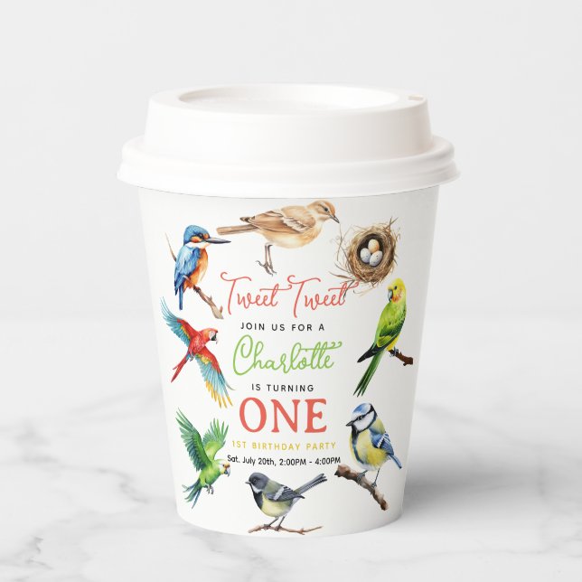 Vasos De Papel Fiesta del primer cumpleaños de Cute Bird (Anverso)