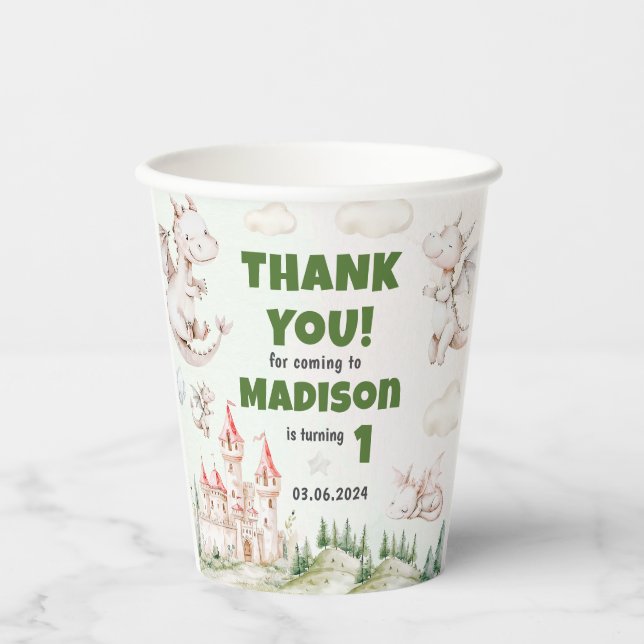 Vasos De Papel Fiesta del primer cumpleaños de Cute Dragon (Anverso)