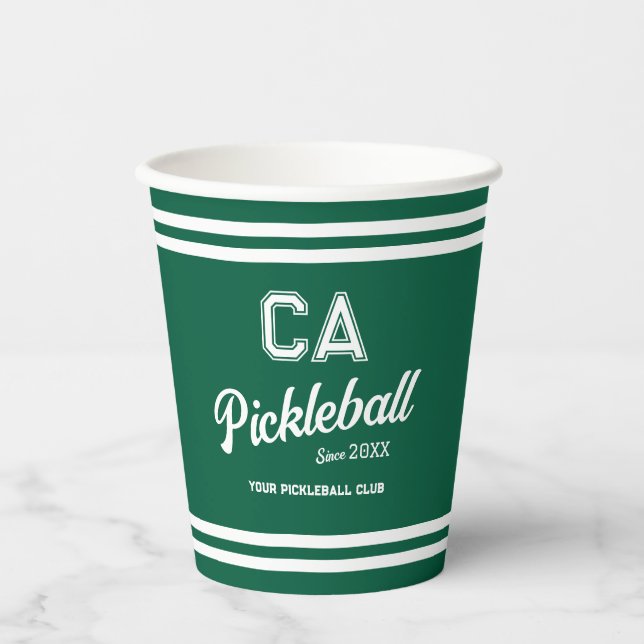 Vasos De Papel Fiesta Escudo del Club de Pickleball Verde Preppy (Anverso)