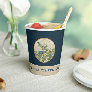 Vasos De Papel Fiesta floral azul vintage de la marina de flores