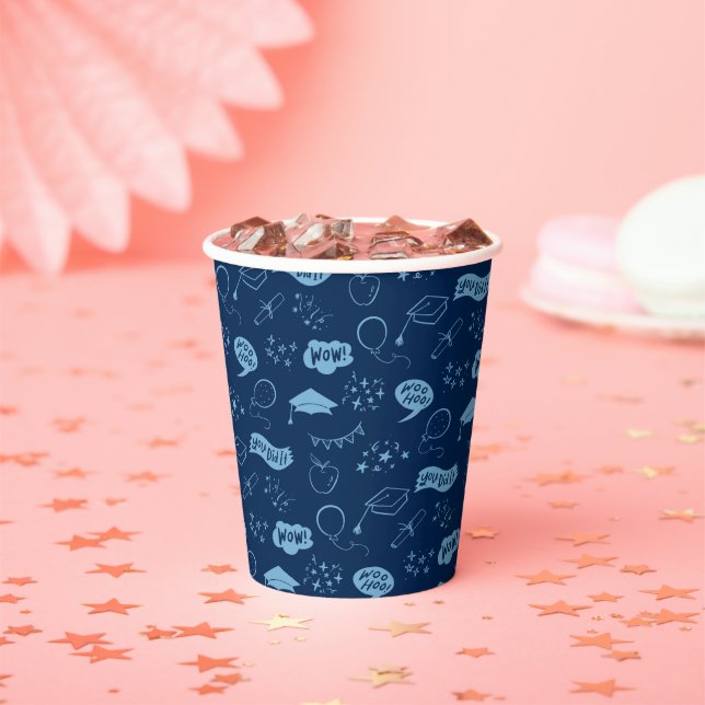 Vasos De Papel Fiesta Grad Doodle Icon Pattern Navy Blue (in situ)