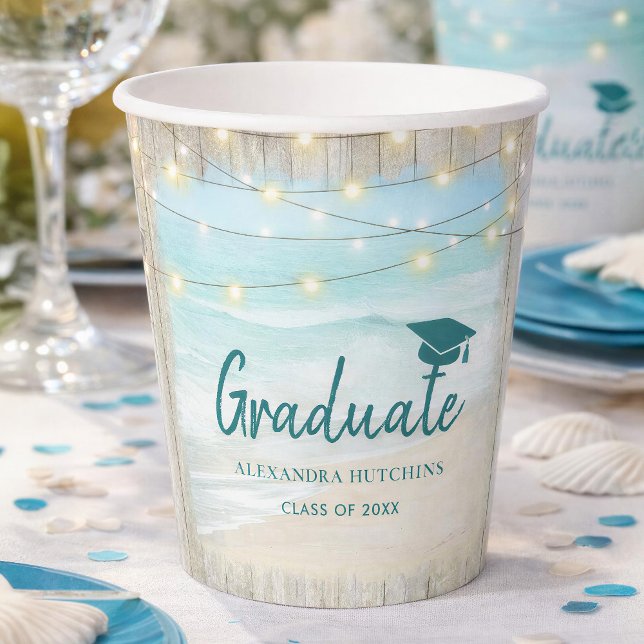 Vasos De Papel Fiesta graduado de Ocean Beach Rustic Wood Lights (Subido por el creador)