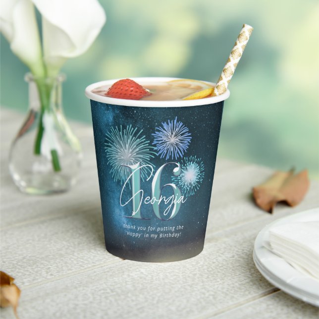 Vasos De Papel Fireworks Sweet 16 Teal ID984 (in situ)