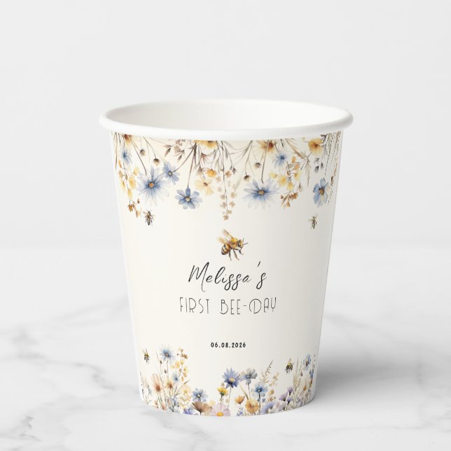 Vasos De Papel First Bee Day - Floral 1st Birthday  (Reverso )