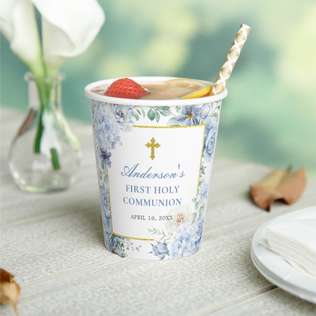 Vasos De Papel First Holy Communion Dusty Blue Floral (in situ)