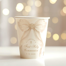 Vasos De Papel First Holy Communion Gold Cross Ivory Bow