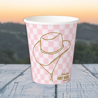 Vasos De Papel First Rodeo Cowboy Hat Pink Checkered 1st Birthday