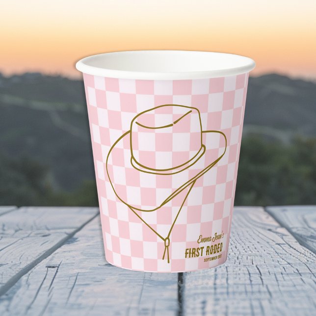 Vasos De Papel First Rodeo Cowboy Hat Pink Checkered 1st Birthday (First Rodeo Cowboy Hat Pink Checkered 1st Birthday Paper Cups)