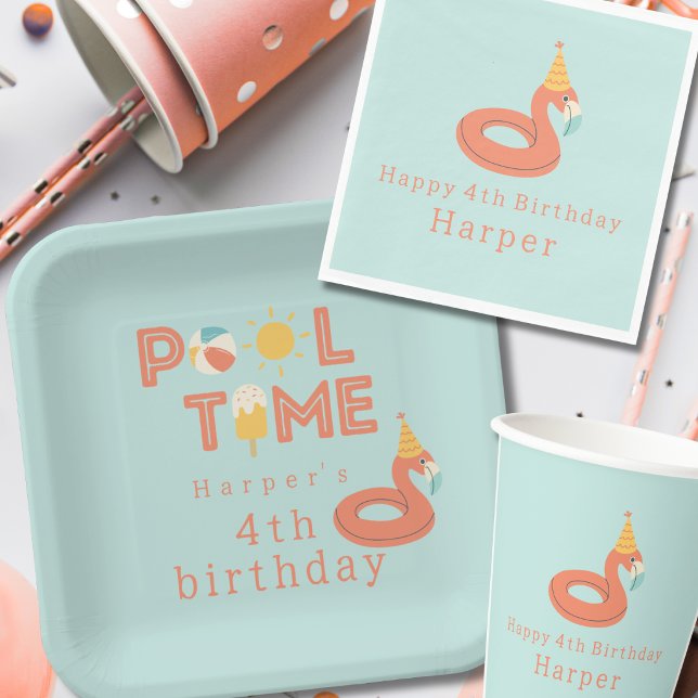 Vasos De Papel flamenco flotador de verano fiesta de cumpleaños d (pool time flamingo beach ball popsicle sun modern birthday pool party paper product party supplies)