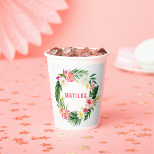 Vasos De Papel flamencos florales tropicales de color rosa flamin