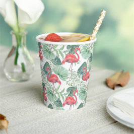 Vasos De Papel Flamencos y hojas rosadas.