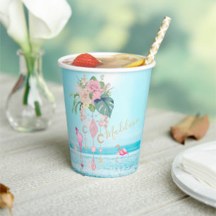 Vasos De Papel Flamingo Jewel Beach Floral Bonito rosa