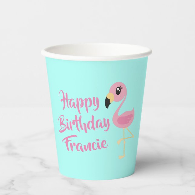 Vasos De Papel Flamingo Rosado Tropical Cute Primer Cumpleaños (Anverso)