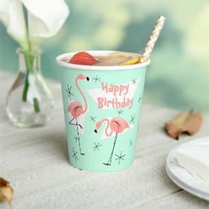 Vasos De Papel Flamingos Retro Green Feliz cumpleaños