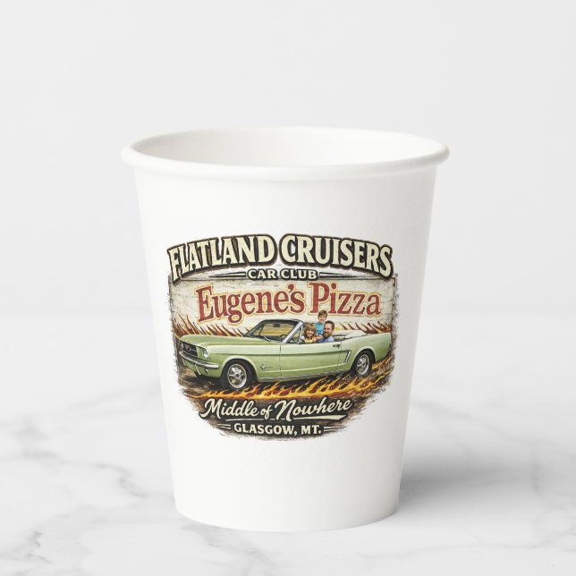 Vasos De Papel Flatland Cruisers Car Club–Eugene's Pizza (Anverso)