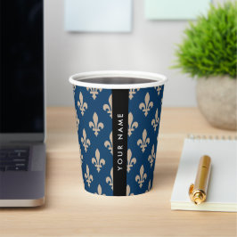 Vasos De Papel Fleur de Lis, Beige on Navy Blue, Royal, Your Name