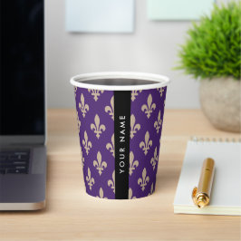 Vasos De Papel Fleur de Lis, Beige sobre Morado, Real, Tu Nombre
