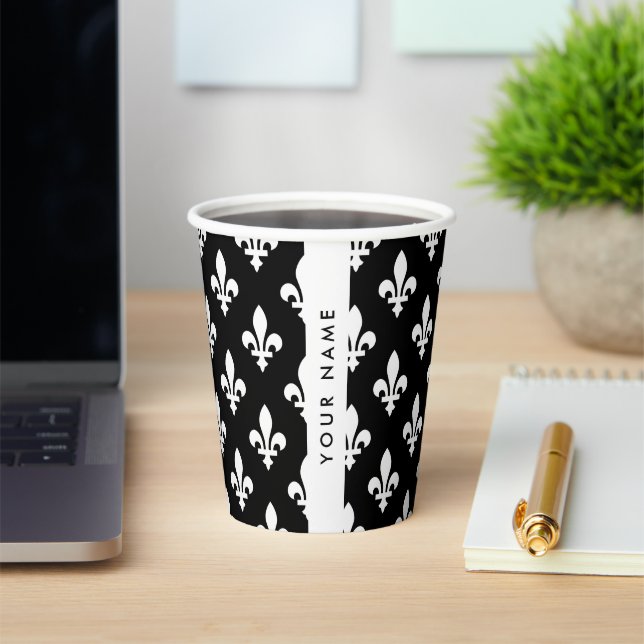 Vasos De Papel Fleur de Lis, Blanco sobre Negro, Blanco, Tu Nombr (in situ)
