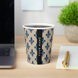 Vasos De Papel Fleur de Lis, Navy Blue on Beige, Royal, Your Name