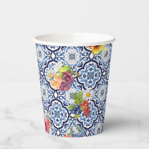 Vasos De Papel Flor azul ornato floral Berries Azulejos siciliano