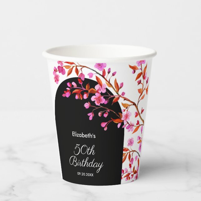 Vasos De Papel Flor de cerezo Sakura Flor blanco negro cumpleaños (Anverso)