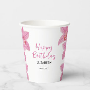 Vasos De Papel Flor de orquídea rosa tropical Feliz cumpleaños