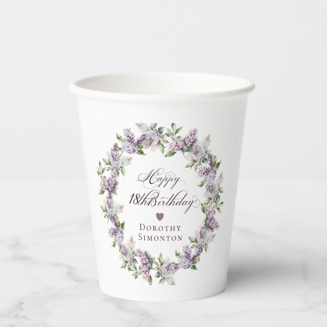 Vasos De Papel Flor Purple Lilac de cumpleaños 18 personalizada (Anverso)