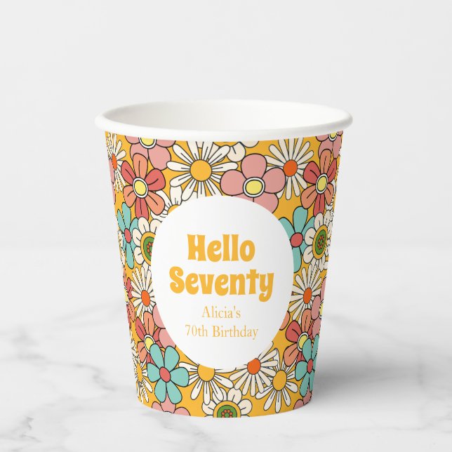 Vasos De Papel Flor Retro Hippie Groovy Hola Setenta Cumpleaños (Anverso)