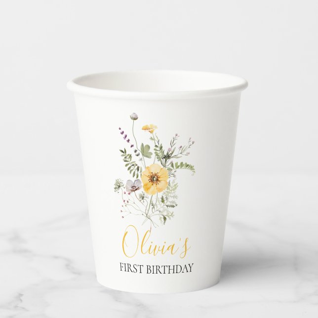 Vasos De Papel Flor silvestre acuarela floral primer cumpleaños (Anverso)